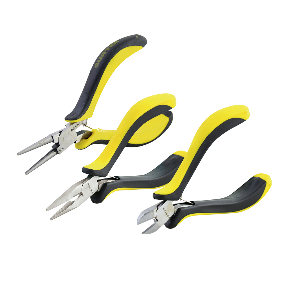 Juego de 3 mini pinzas con mango bimaterial para electrónica, Surtek