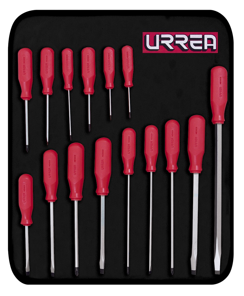 Juego de 15 destornilladores con mango rojo, combinados, Urrea