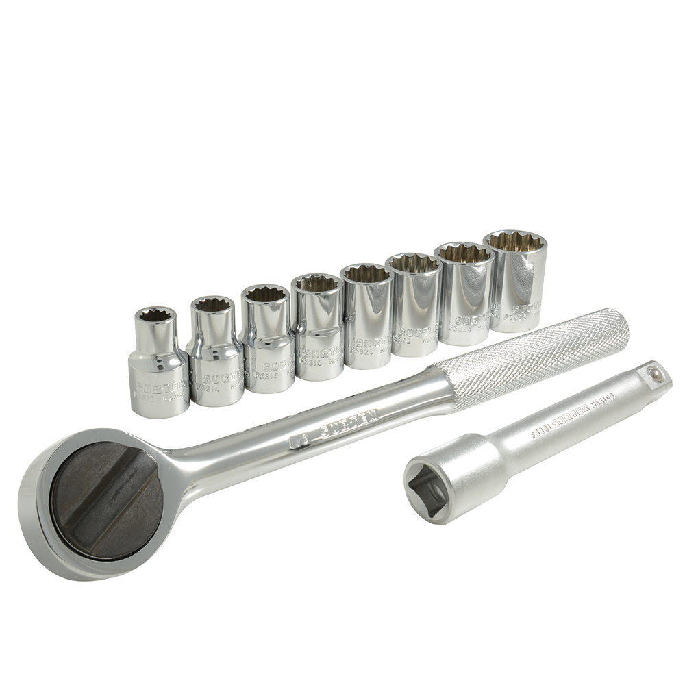 Juego de dados y accesorios cuadro de 1/2" en pulgadas, 10 piezas, Surtek