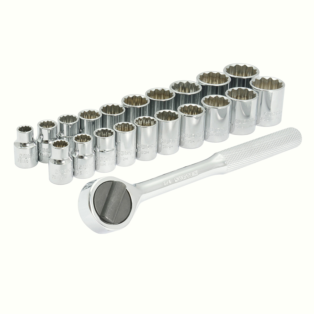 Juego de dados y accesorios cuadro de 3/8" combinado, 21 piezas, en riel, Surtek
