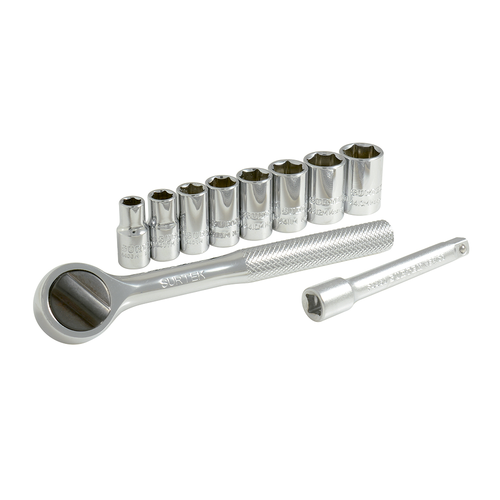 Juego de dados y accesorios cuadro de 1/4" métrico, 10 piezas, Surtek