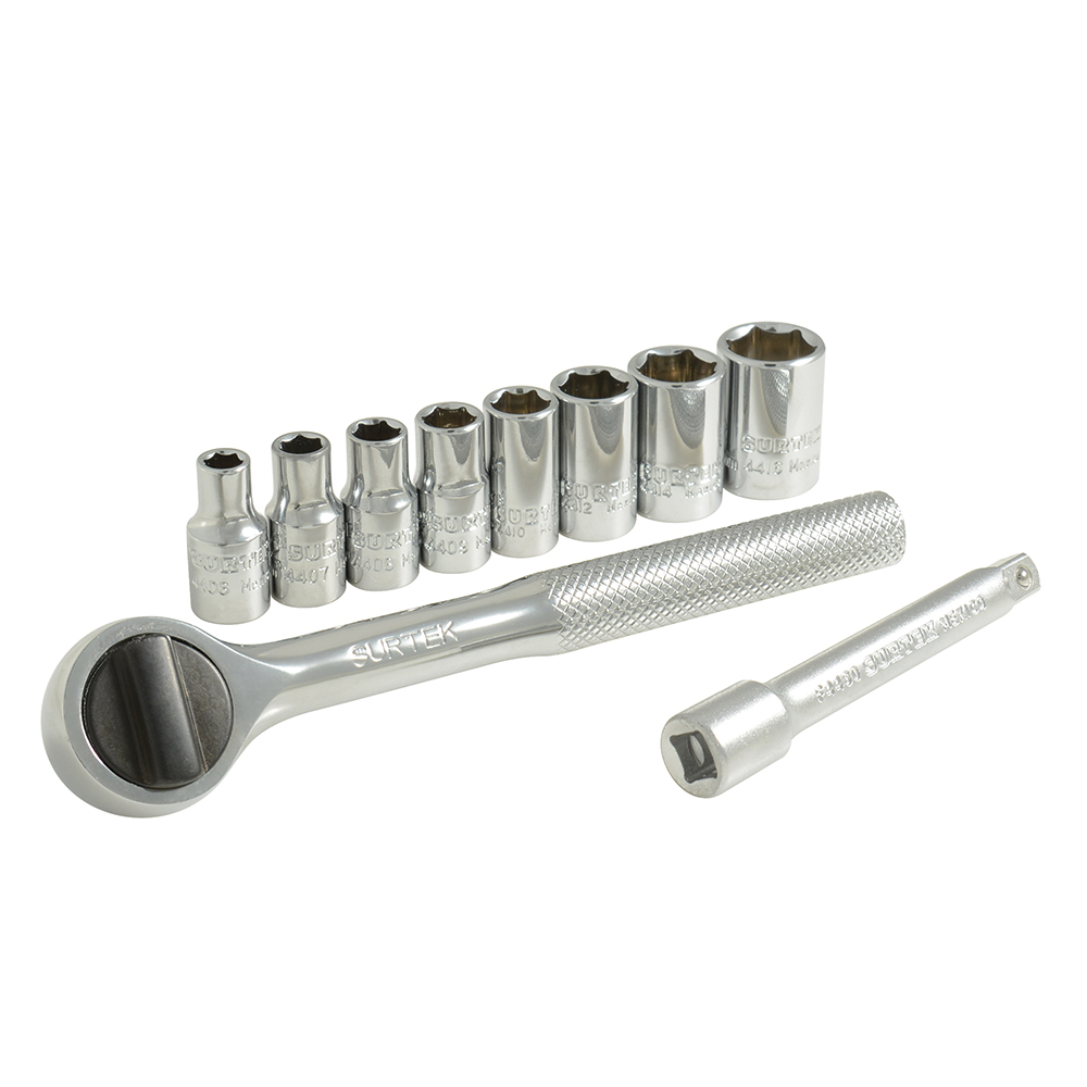 Juego de dados y accesorios cuadro de 1/4" en pulgadas, 10 piezas, Surtek
