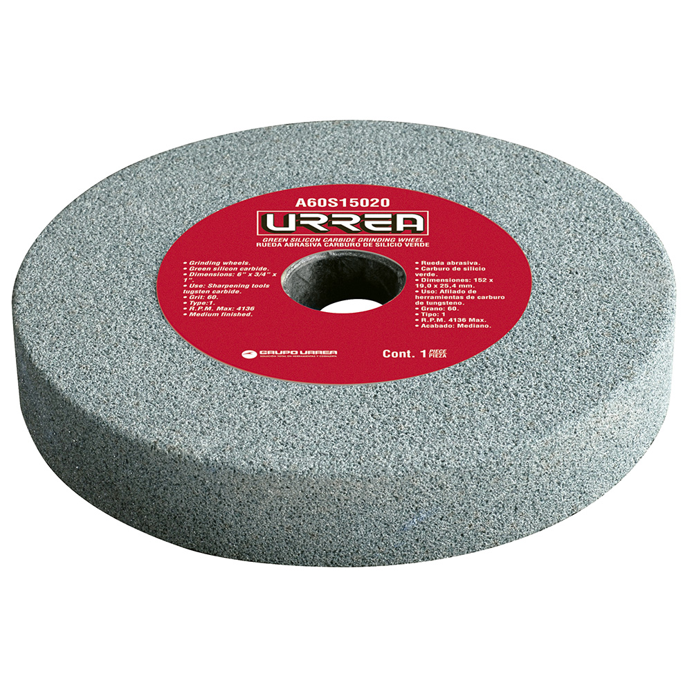 Rueda abrasiva de carburo de silicio grano 60, 6" x 3/4", Urrea