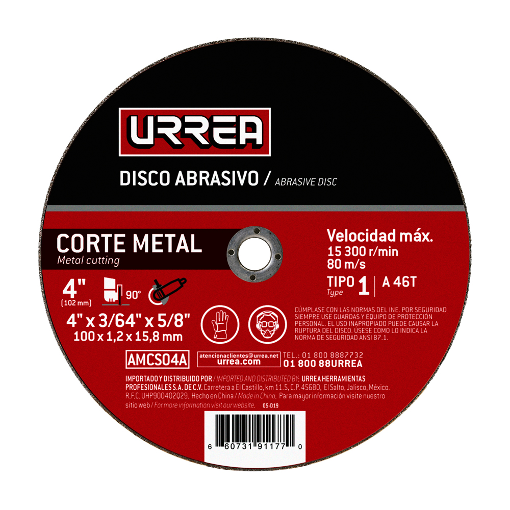 Disco abrasivo tipo 1 para metal 4" x 3/64", Urrea