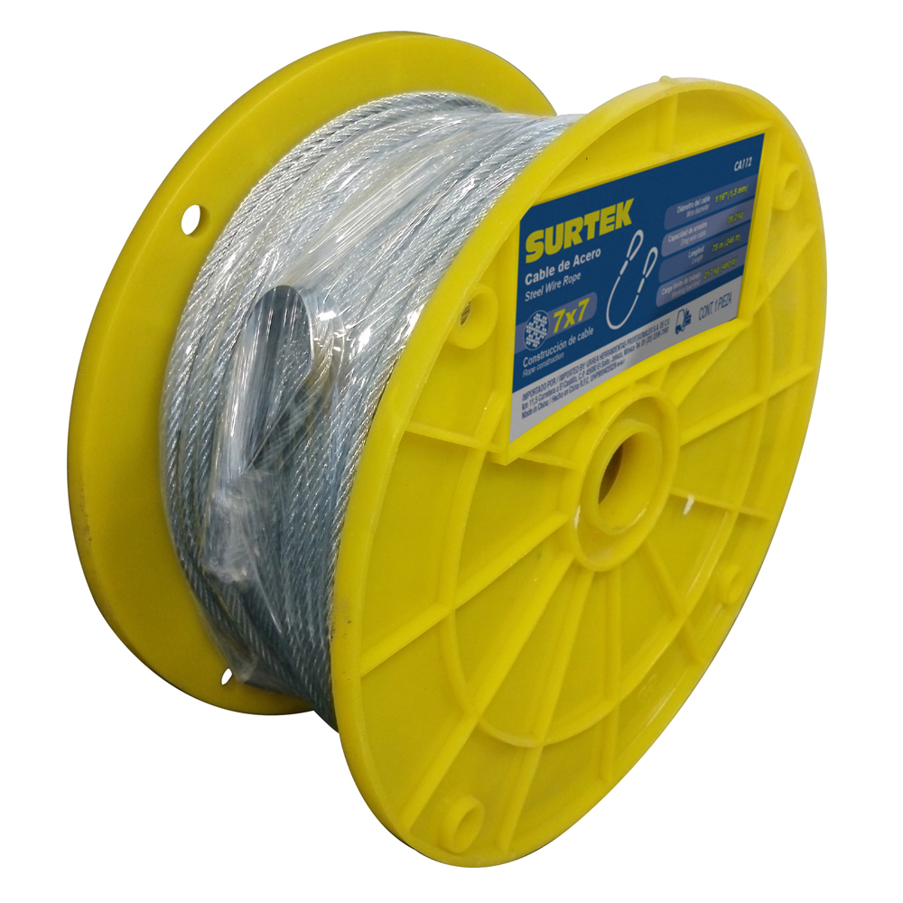 Cable de acero con guardacabo recubrimiento PVC 3/16" x 75 m, Surtek