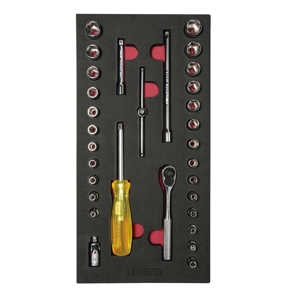 Juego de dados cortos y accesorios cuadro de 1/4" combinados, 31 piezas, Urrea