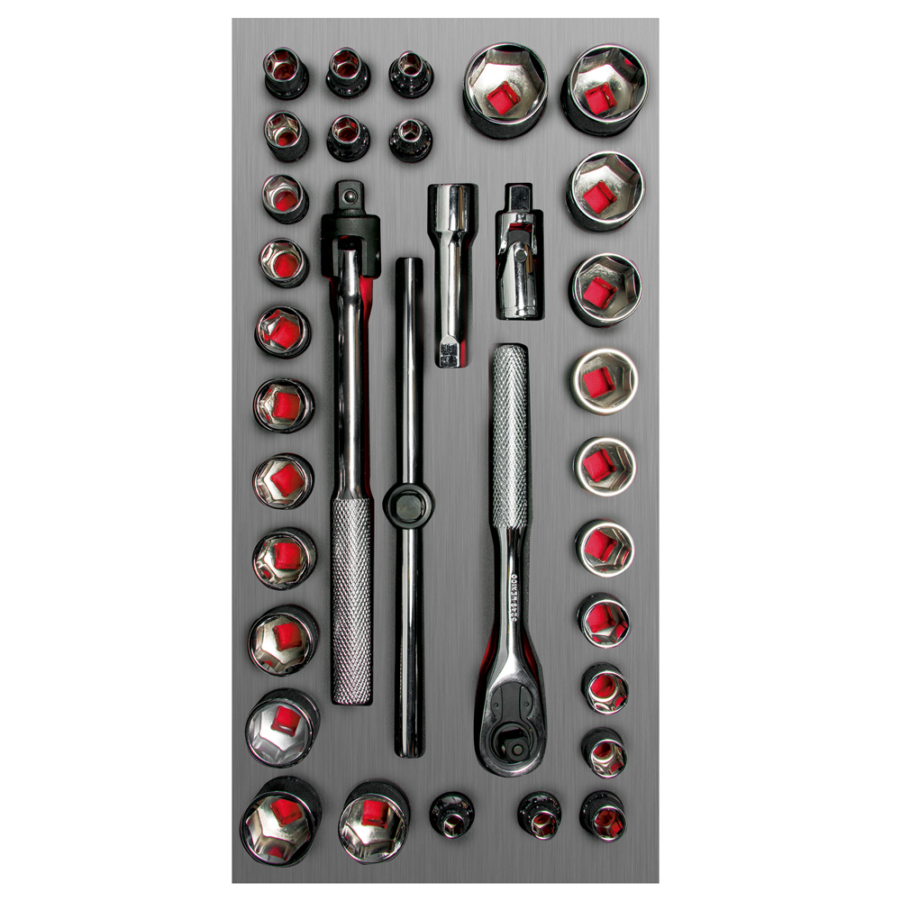 Juego de dados cortos y accesorios cuadro de  3/8" combinados, 34 piezas, Urrea