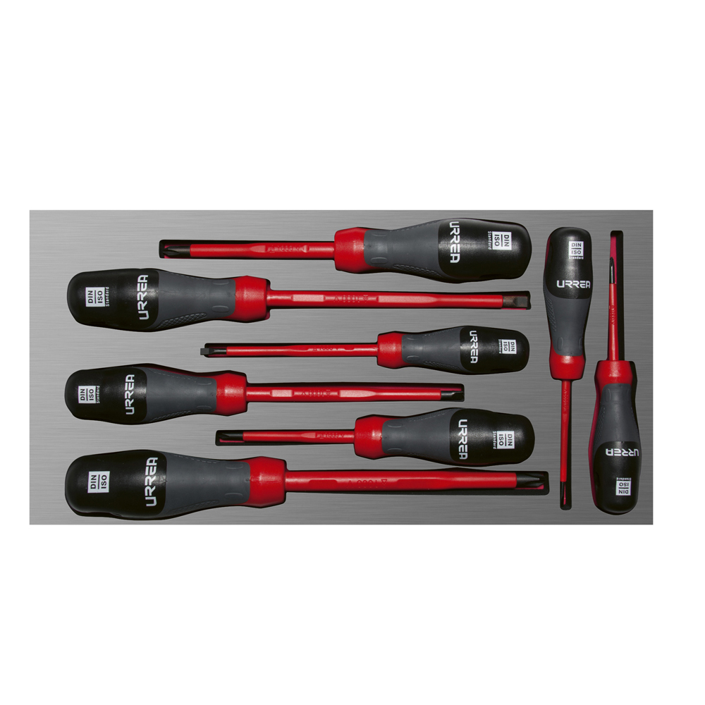 Juego de 8 destornilladores trimaterial 1000 V punta plana y Phillips con bandeja EVA, Urrea