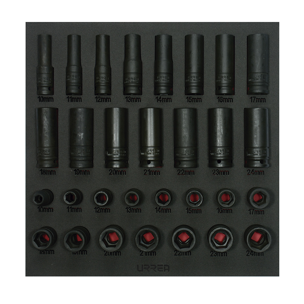Juego de dados de impacto cortos y largos métricos cuadro de 1/2", 30 piezas, Urrea