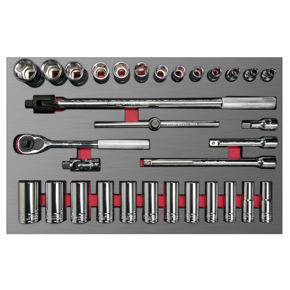 Juego de dados cortos y largos y accesorios de 1/2" en pulgadas, 32 piezas, Urrea