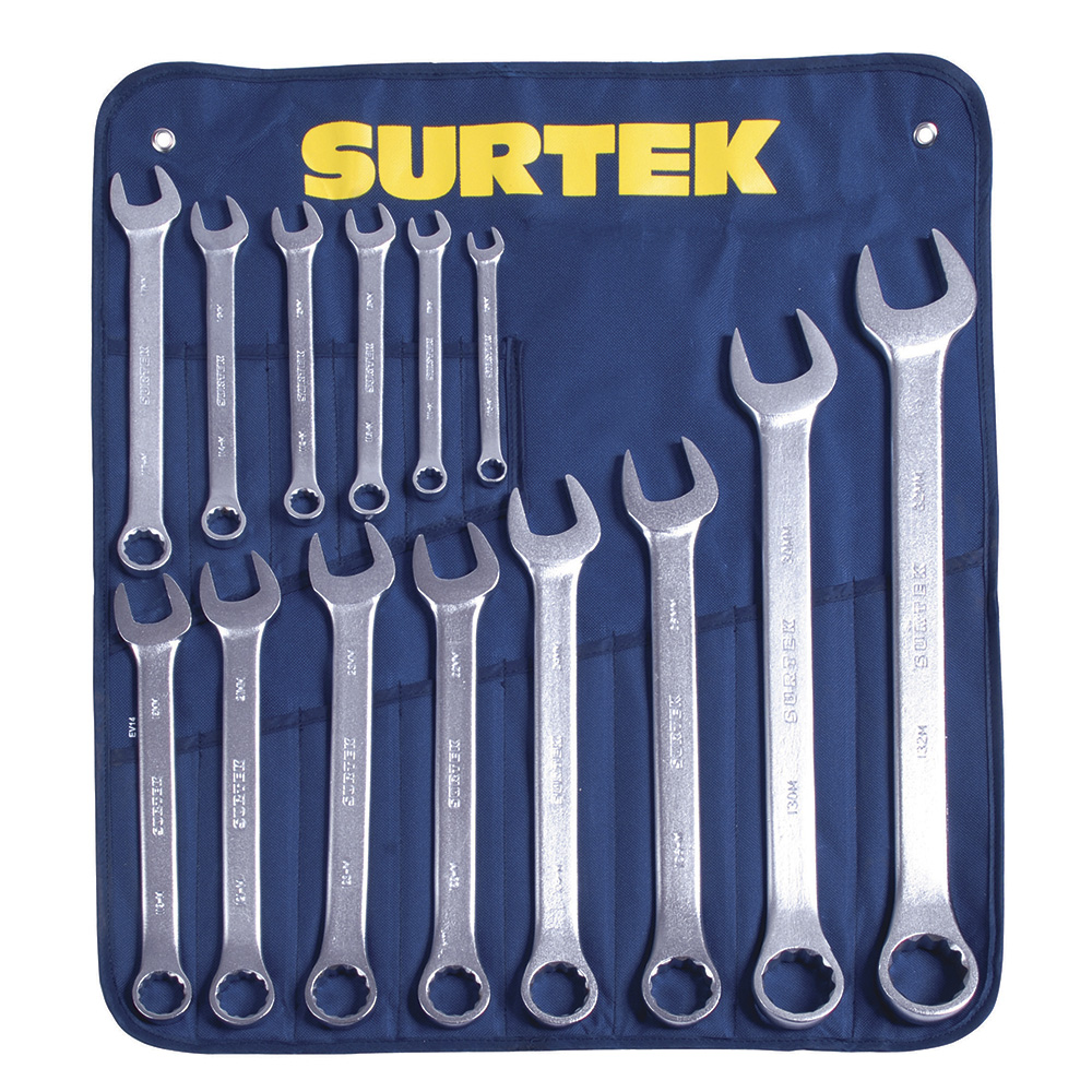 Juego de 14 llaves combinadas satinadas métricas, 12 puntas, Surtek