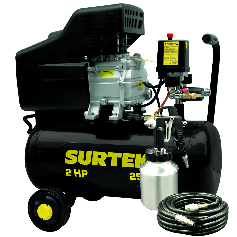Compresor de aire eléctrico lubricado con pistola y manguera 25 Lt 2 HP 127 V, Surtek