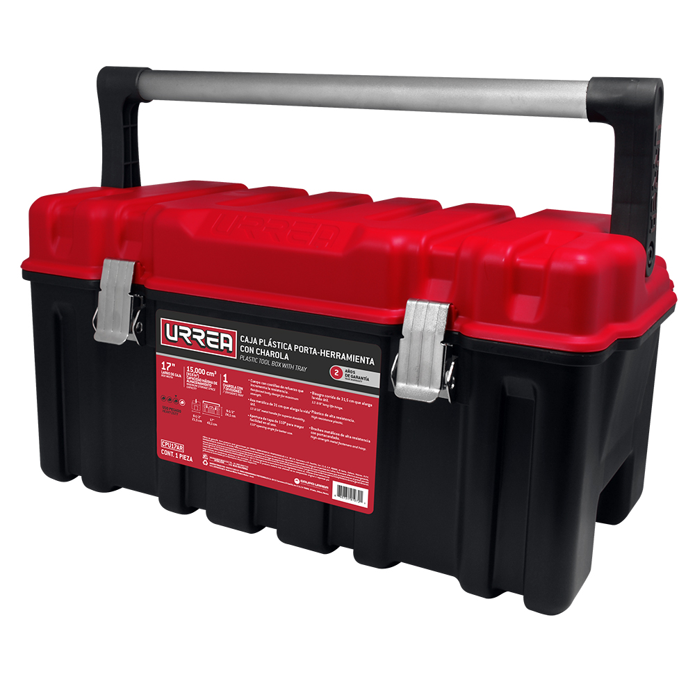 Caja portaherramientas plástica con broches metálicos, charola y tapa roja 17" x 9" x 8", Urrea
