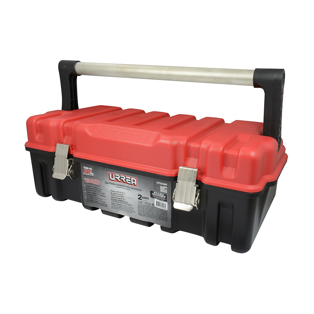 Caja portaherramientas plástica compacta con broches metálicos y tapa roja 21" x 11" x 7", Urrea