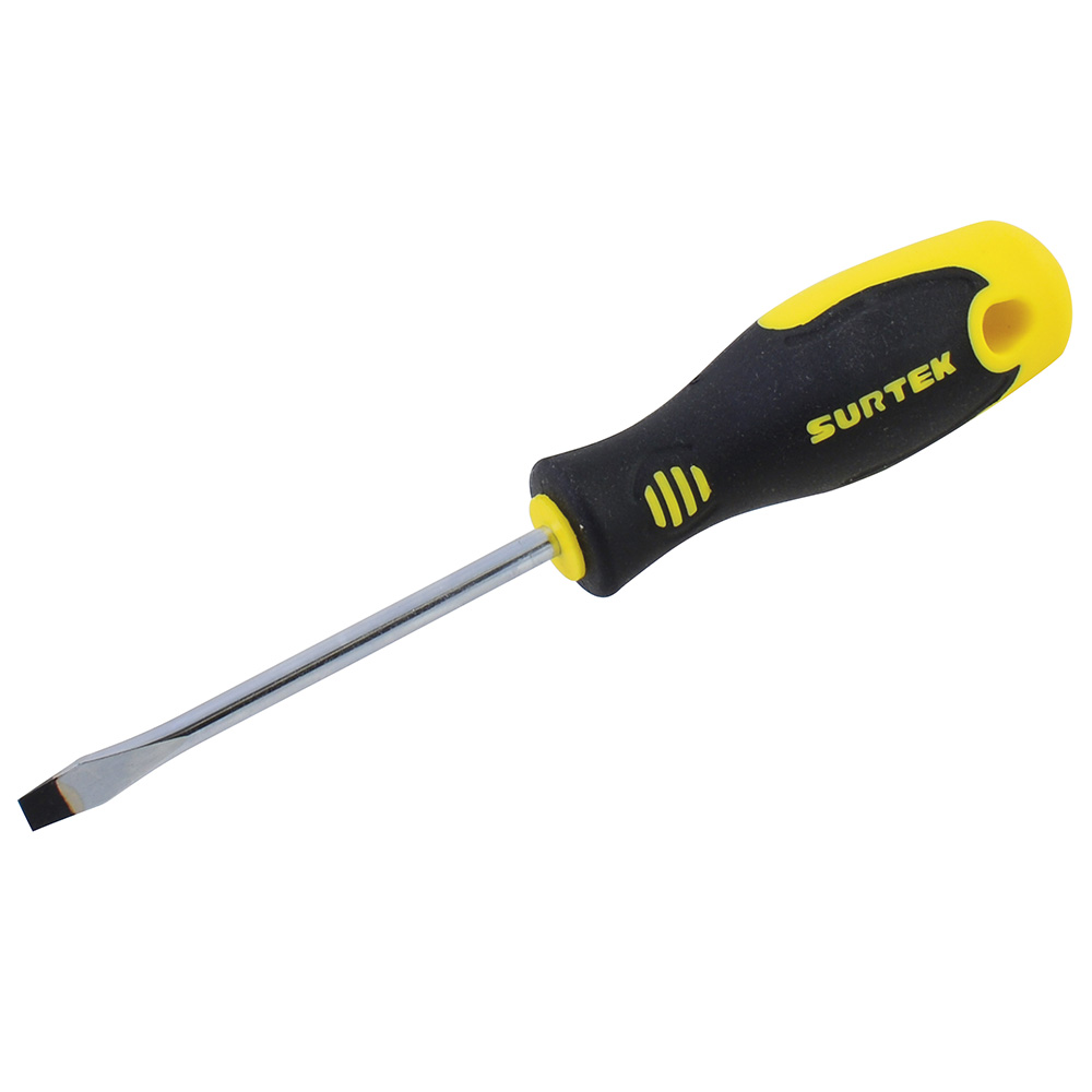 Destornillador con mango bimaterial, punta plana barra redonda 1/4" x 4", Surtek