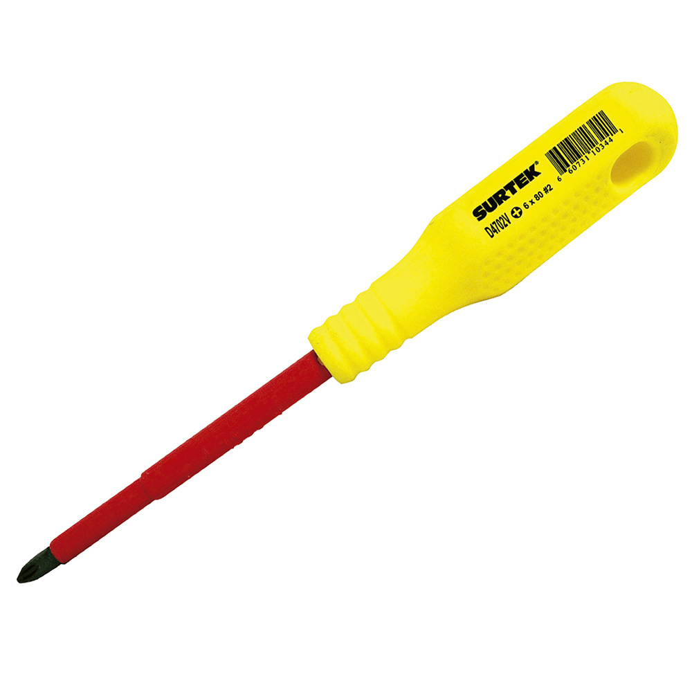 Destornillador con mango amarillo dieléctrico, punta Phillips 1000V #2 x 4", Surtek