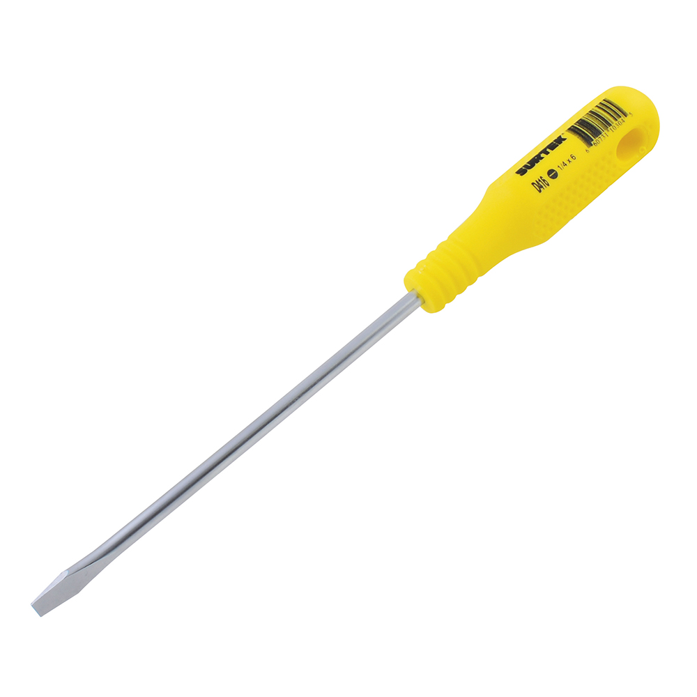 Destornillador con mango amarillo, punta plana barra redonda 1/4" x 6", Surtek