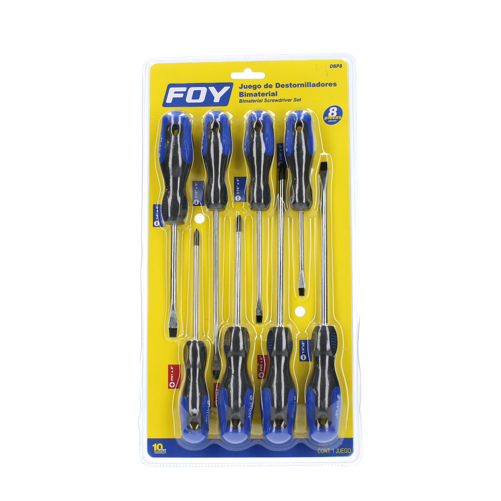Juego de destornilladores con mango bimaterial combinados, 8 piezas, Foy