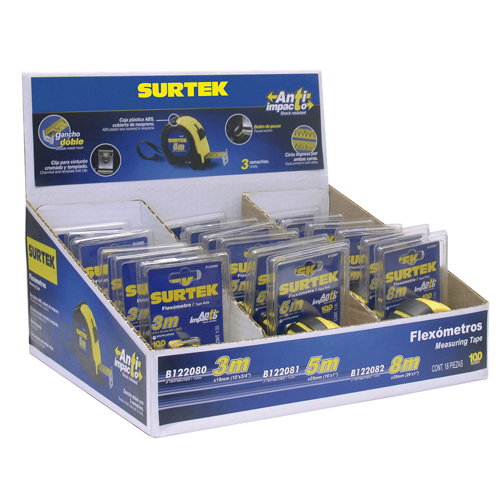 Caja despachadora con flexómetros anti-impacto, 18 piezas, Surtek