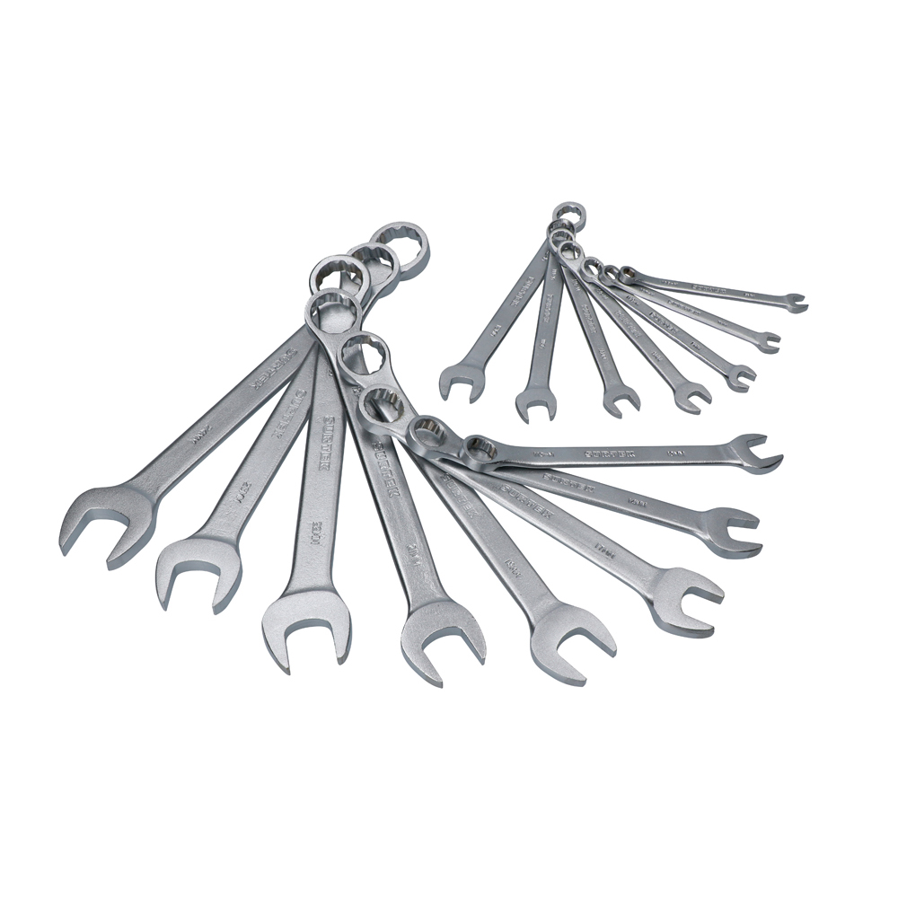 Juego de 15 llaves combinadas satinadas métricas, 12 puntas en rack, Surtek