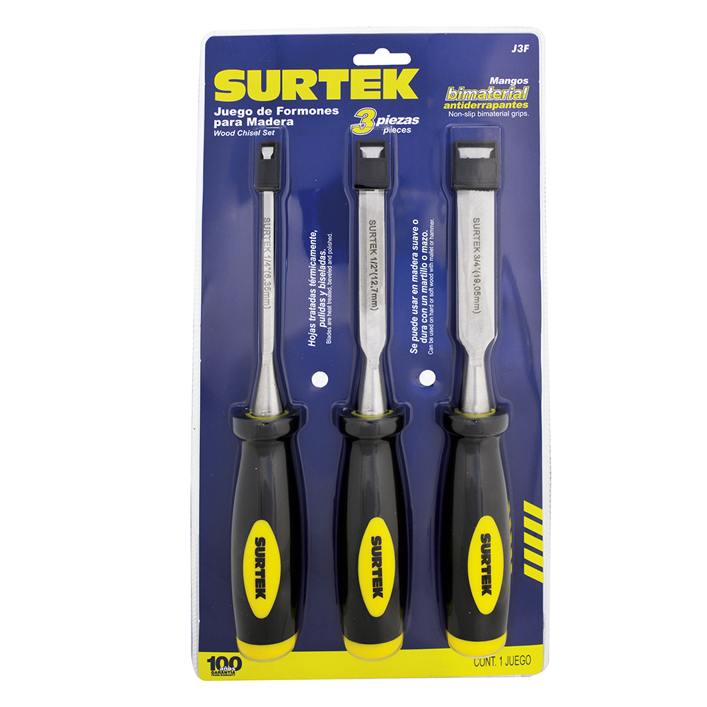Juego formones para madera con mango bimaterial 1/4", 1/2" y 3/4", 3 piezas, Surtek