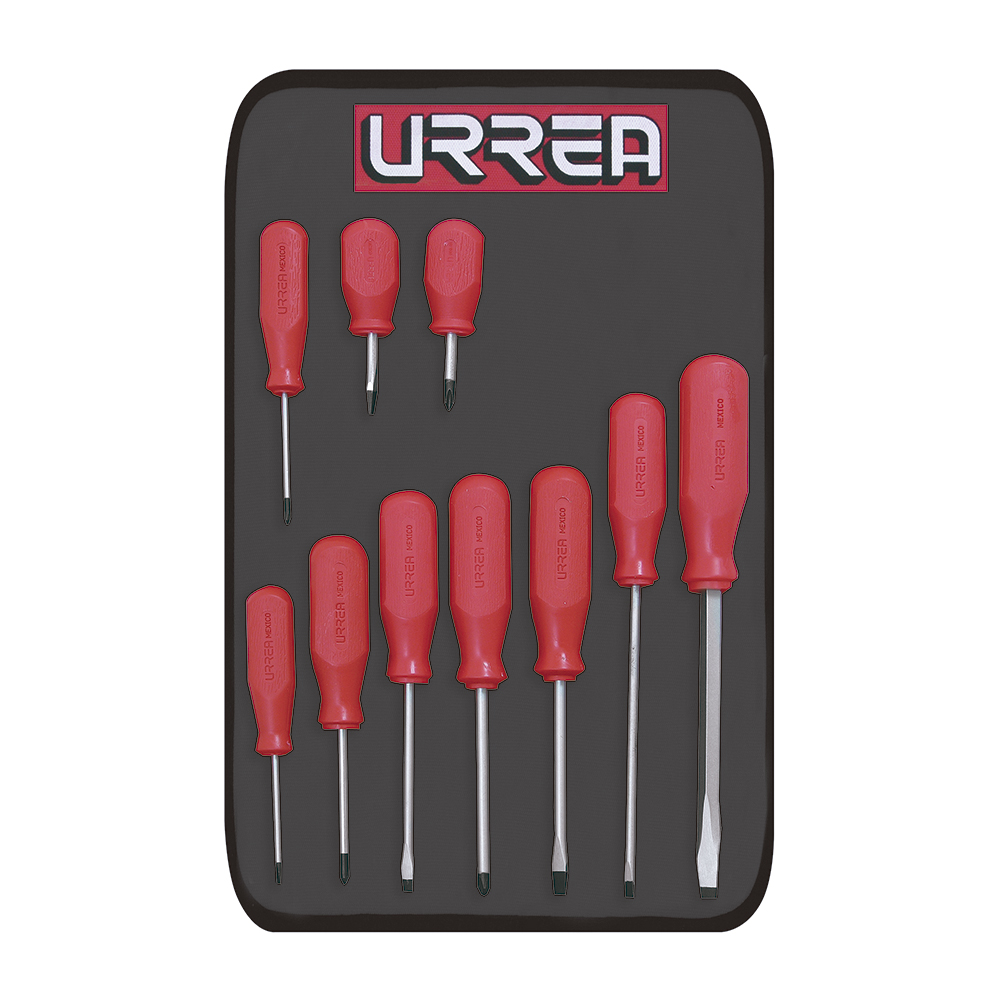 Juego de 10 destornilladores con mango rojo, combinados, Urrea