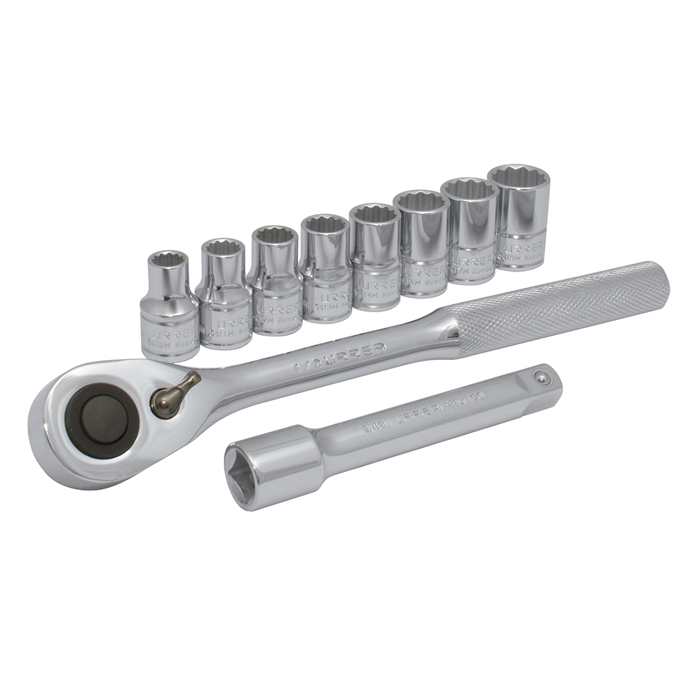 Juego de dados y accesorios cuadro de 1/2" métrico, 10 piezas, Urrea