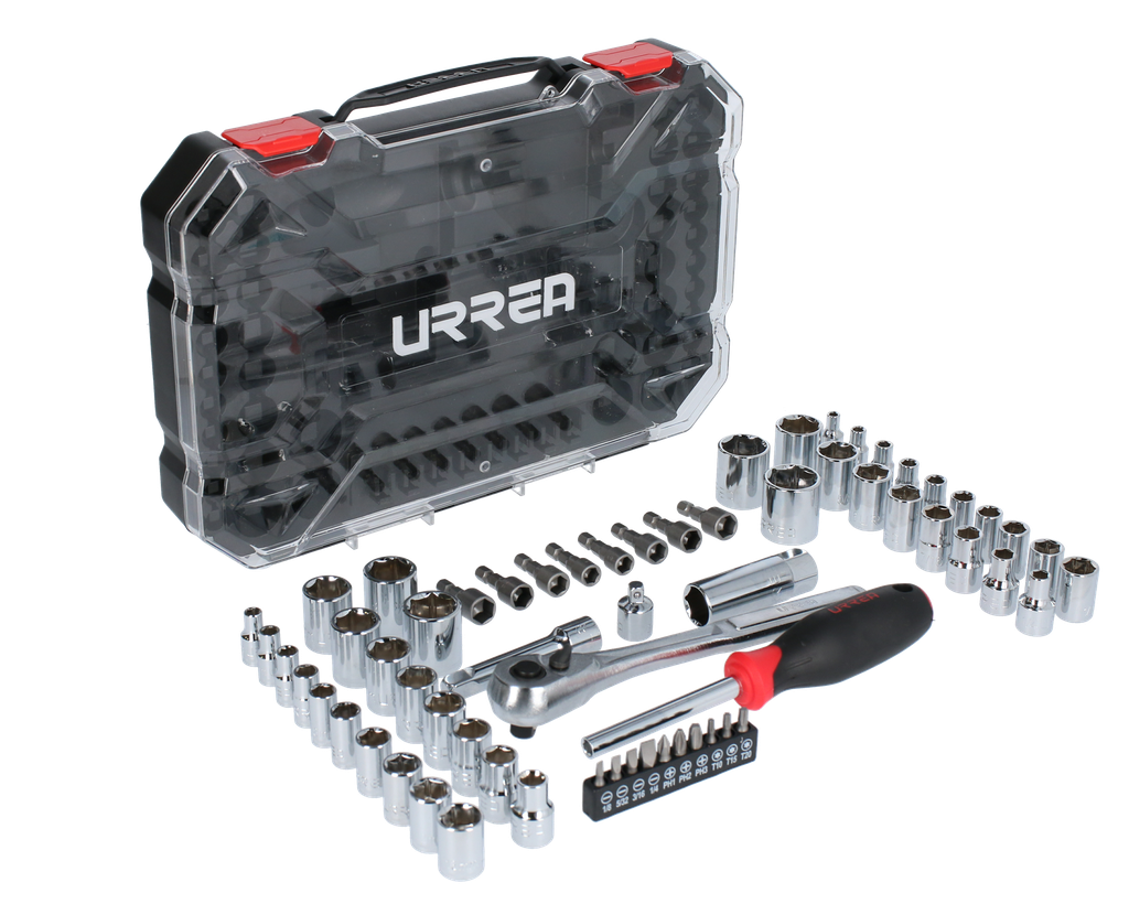 Juego de dados y accesorios cuadro de 1/4" y 3/8" combinado, 63 piezas, Urrea