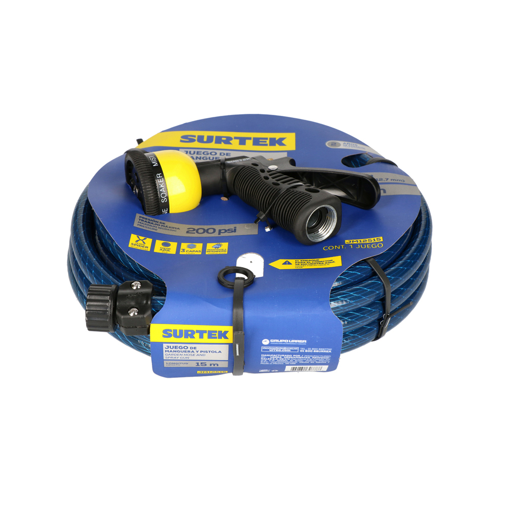 Manguera para jardín tejido spider 1/2", 15 m con pistola para riego, Surtek