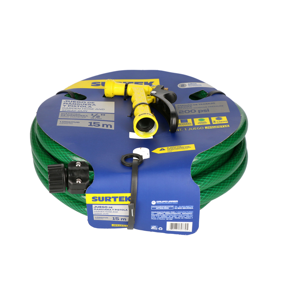 Manguera para jardín tramada verde 1/2", 15 m con pistola para riego, Surtek