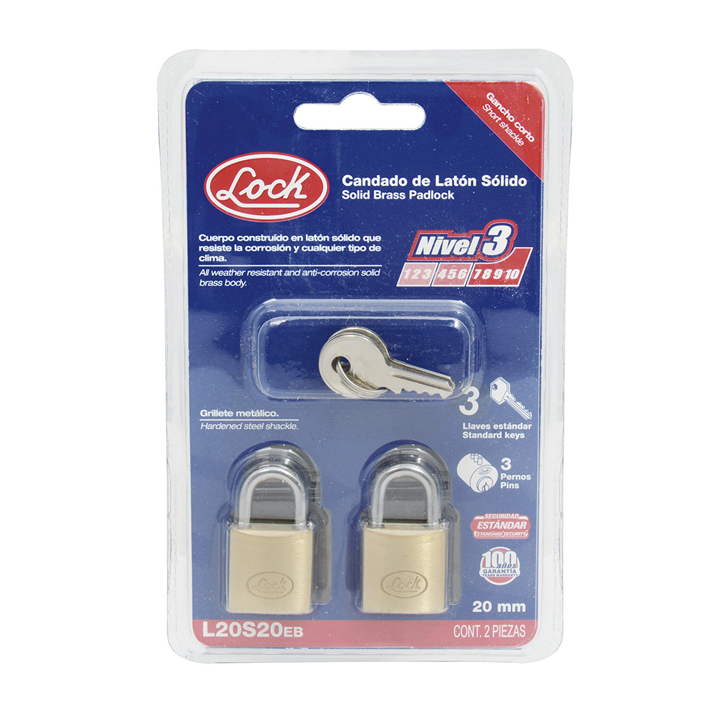 Juego de 2 candados de latón cortos 20 mm, llave estándar, Lock