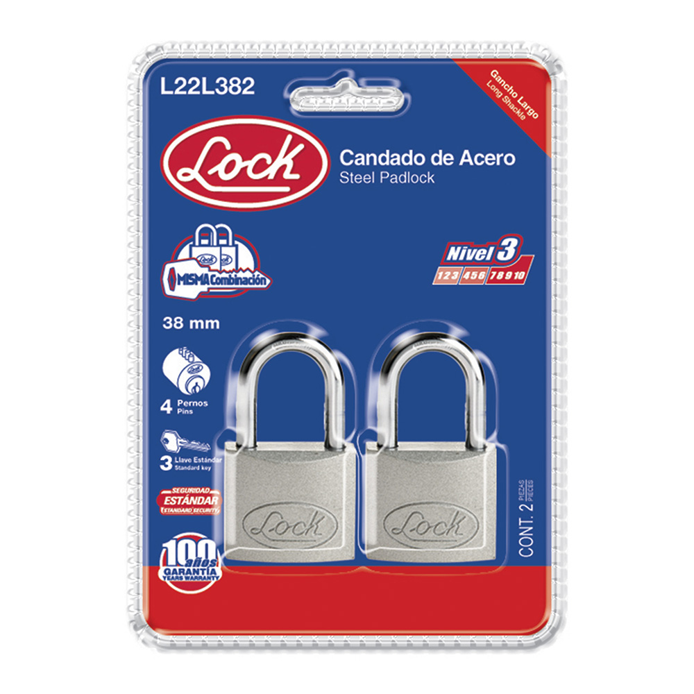 Juego de 2 candados de acero largos 38 mm, llave estándar, Lock