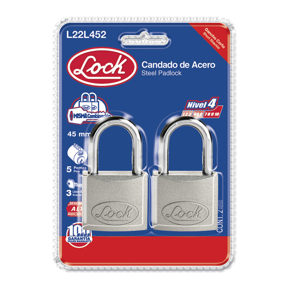 Juego de 2 candados de acero largos 45 mm, llave estándar, Lock