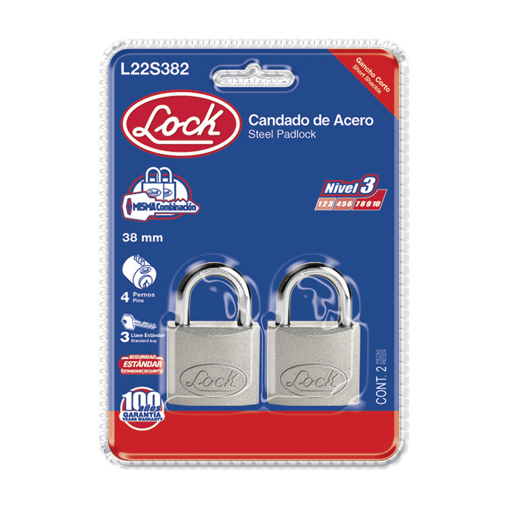 Juego de 2 candados de acero cortos 38 mm, llave estándar, Lock
