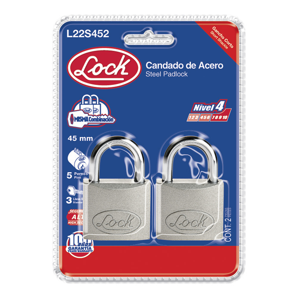 Juego de 2 candados de acero cortos 45 mm, llave estándar, Lock