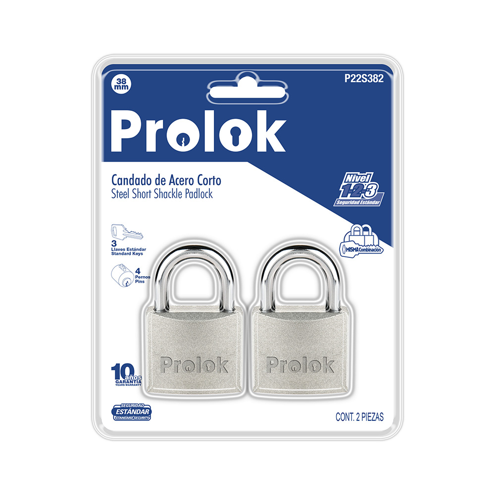 Juego de 2 candados de acero, horquilla corta llave estándar 38 mm, Prolok