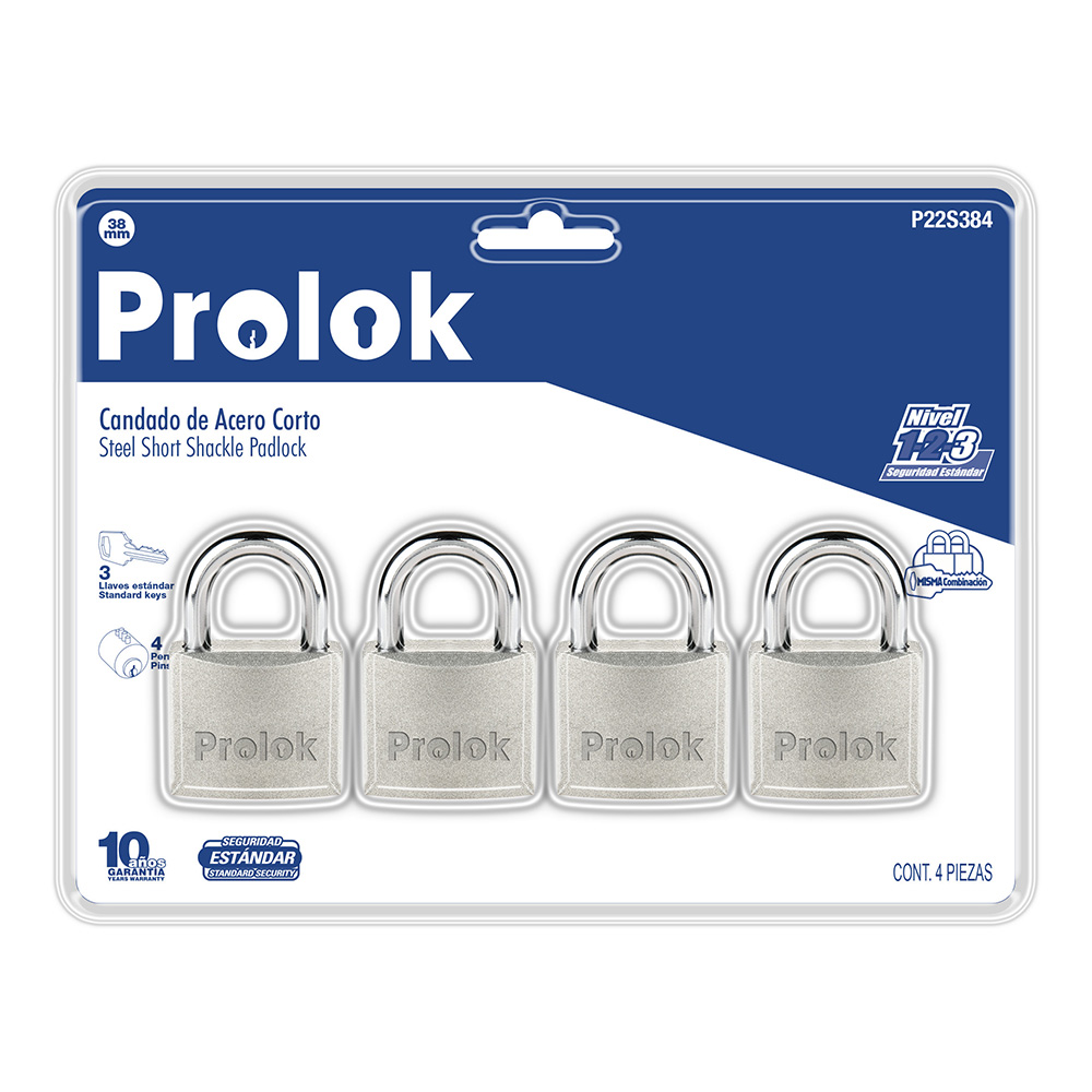 Juego de 4 candados de acero cortos 38 mm, llave estándar, Prolok