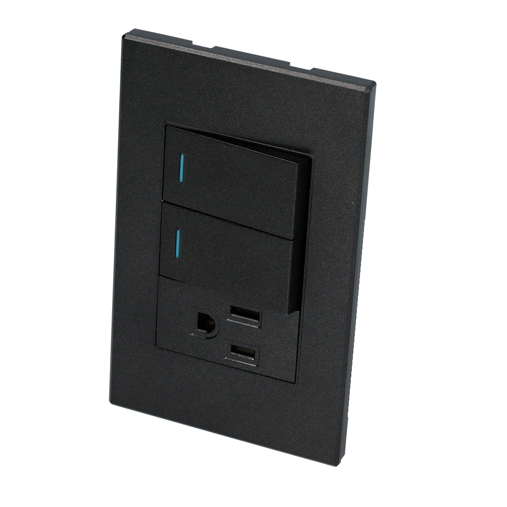 Placa 2 Switch 1 contacto 1/3, línea Premium, color negro, Surtek