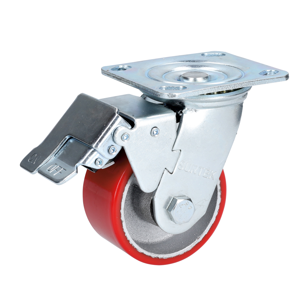 Rodaja de fierro con poliuretano rojo giratoria con freno 4", Surtek