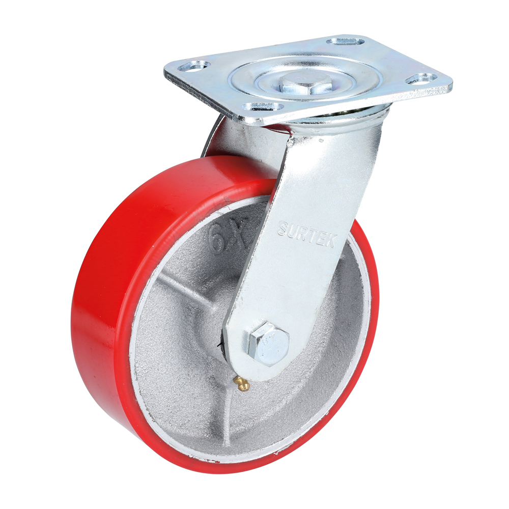 Rodaja de fierro con poliuretano rojo giratoria 3", Surtek