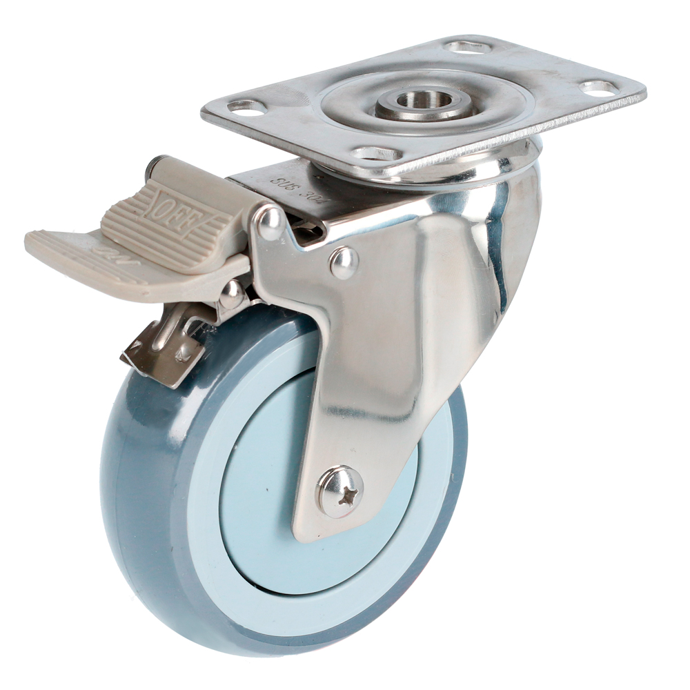 Rodaja de TPR gris con herrajes de acero inoxidable giratoria con freno 4", Surtek