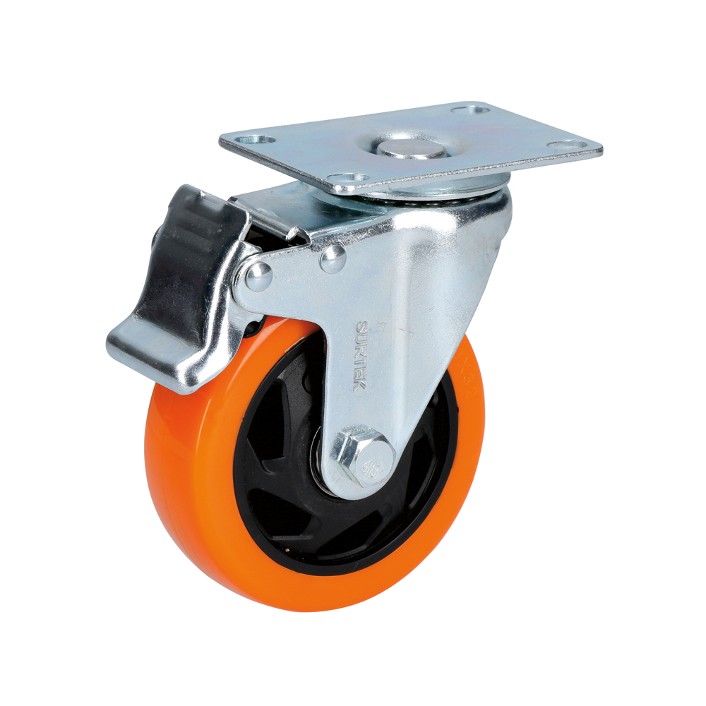 Rodaja de PVC naranja giratoria con freno 4", Surtek