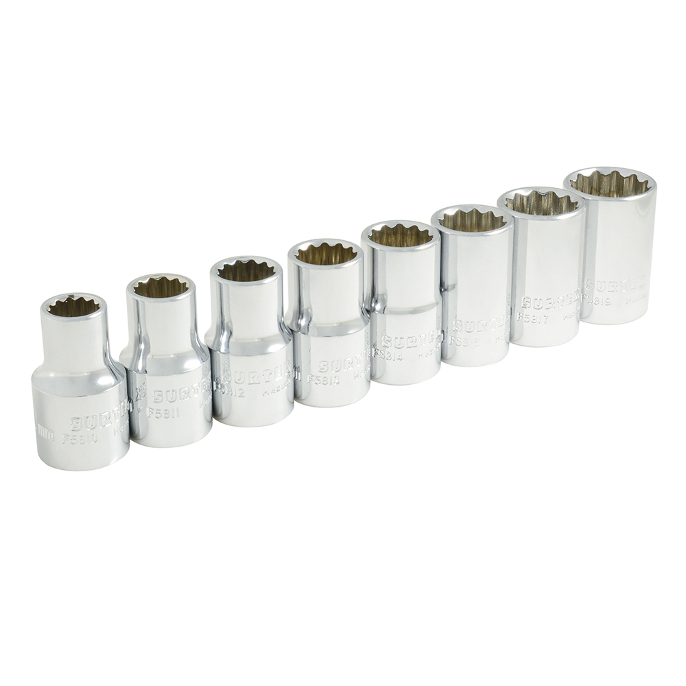 Juego de 8 dados en pulgadas cuadro de 1/2", 12 puntas, en riel, Surtek