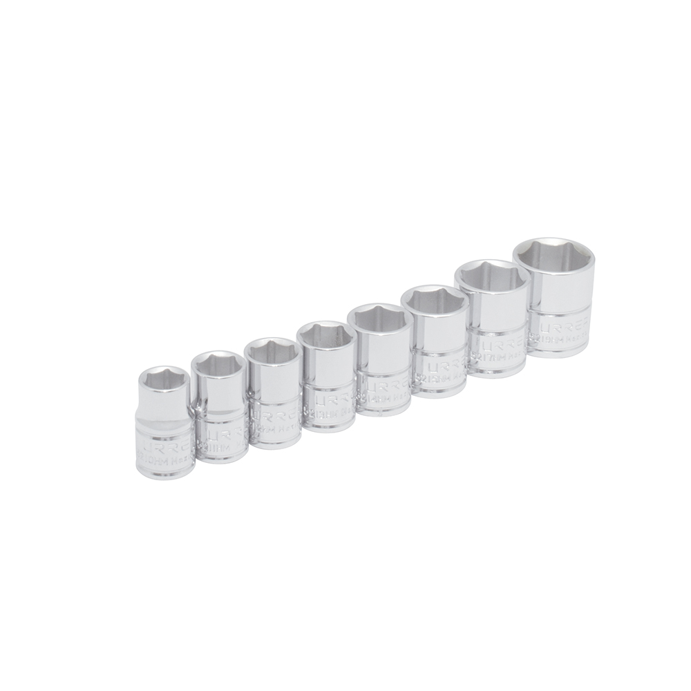 Juego de 8 dados métricos cuadro de 3/8", 6 puntas, en riel, Urrea