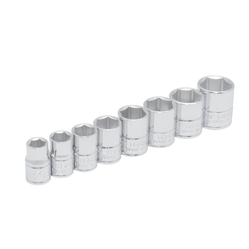 Juego de 8 dados en pulgadas cuadro de 3/8", 6 puntas, en riel, Urrea