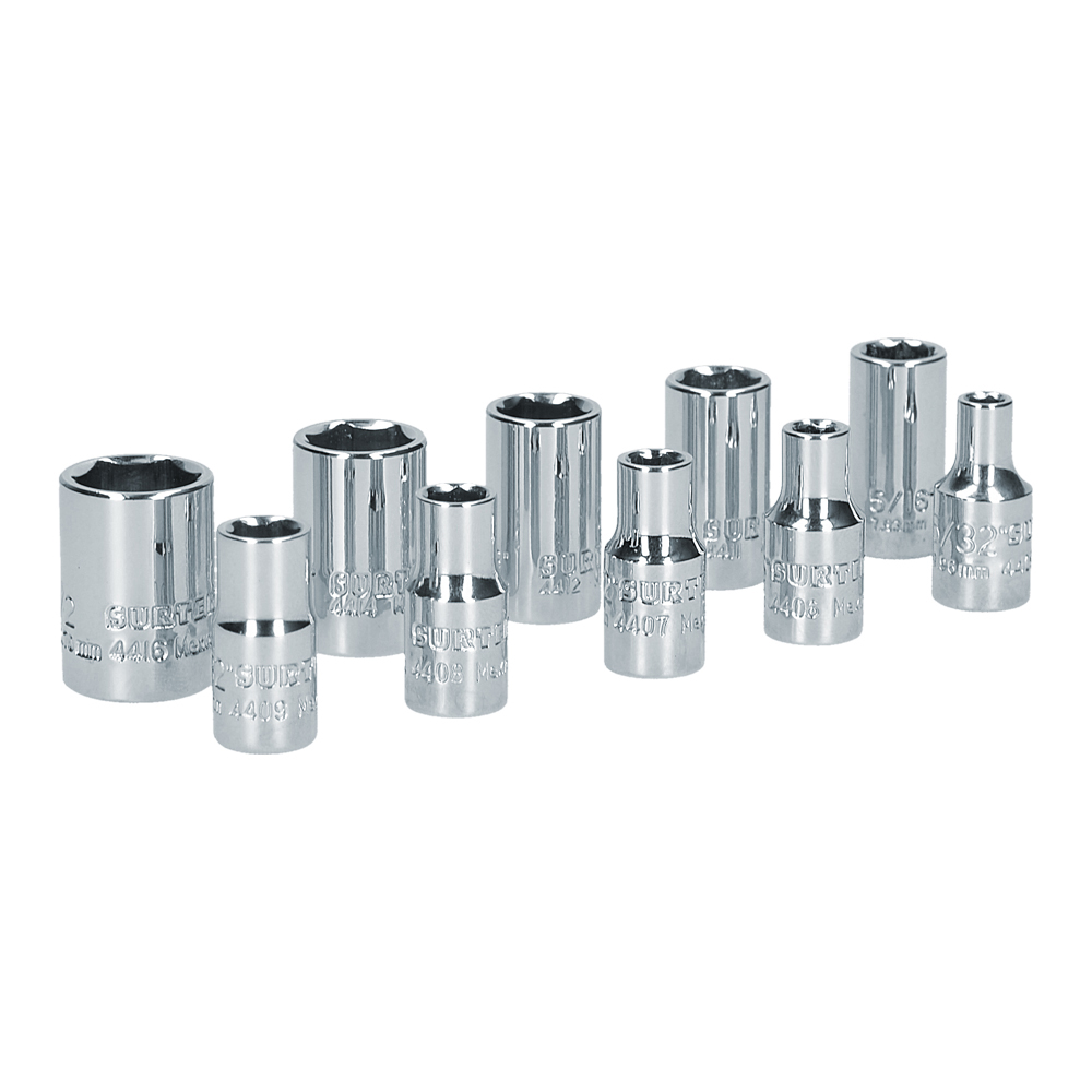 Juego de 10 dados en pulgadas cuadro de 1/4", 6 puntas, en riel, Surtek