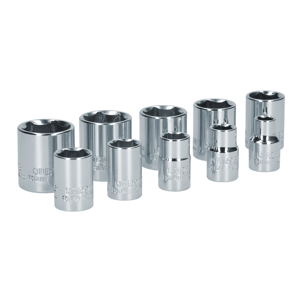 Juego de 10 dados en pulgadas cuadro de 3/8", 6 puntas, en riel, Surtek