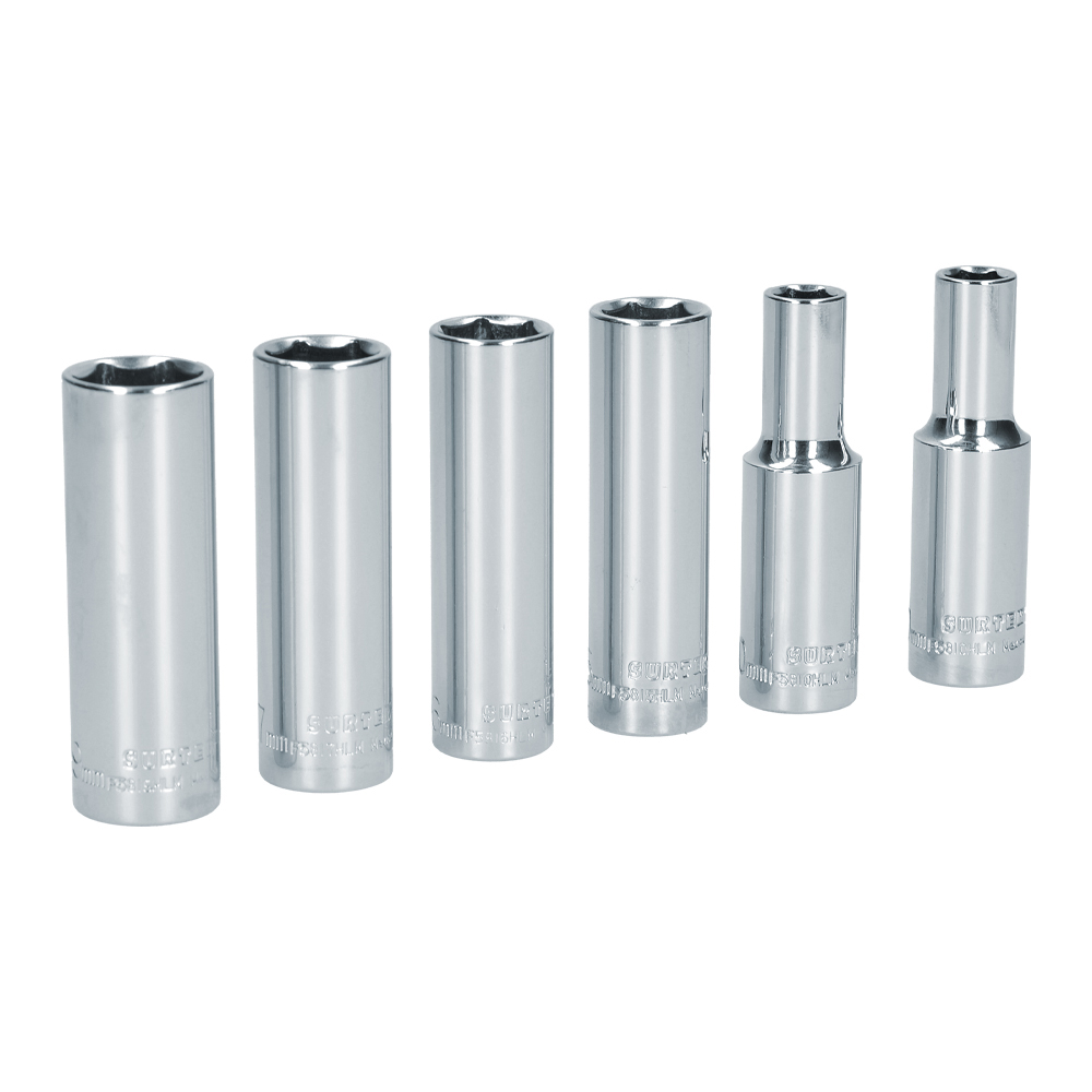 Juego de 6 dados largos métricos cuadro de 1/2", 6 puntas, en riel, Surtek