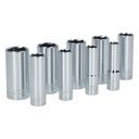 Juego de 9 dados largos en pulgadas cuadro de 3/8", 6 puntas, en riel, Surtek