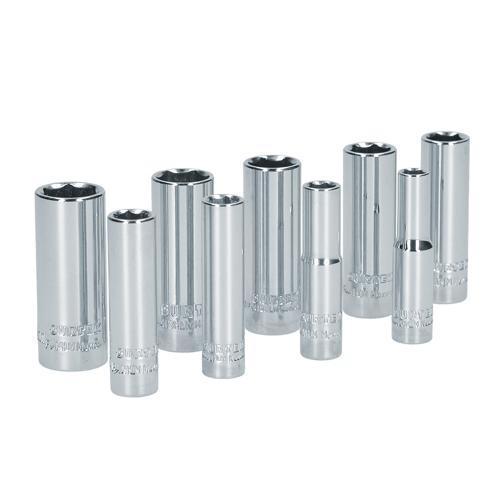 Juego de 9 dados largos métricos cuadro de 1/4", 6 puntas, en riel, Surtek